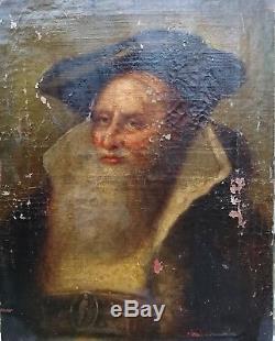 Très beau tableau ancien XVIIIe portrait homme au chapeau H / T à restaurer