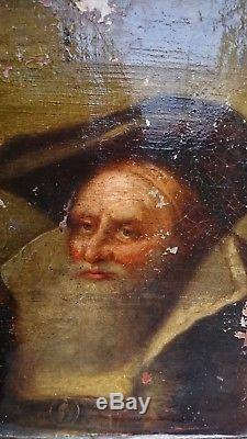 Très beau tableau ancien XVIIIe portrait homme au chapeau H / T à restaurer