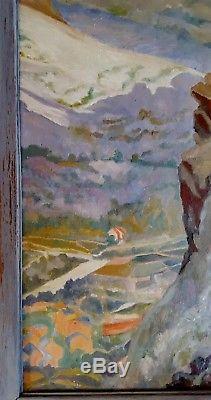Trés grand tableau ancien paysage de Corse le nid d'aigle Corte signé