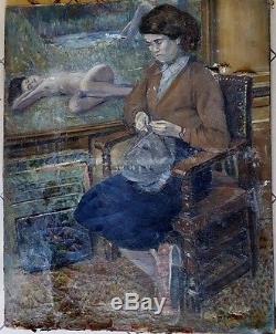 Trés grand tableau impressionniste ancien femme dans l'atelier du peintre