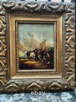 Très joli tableau ancien début 19ème représentant une scène dans un port