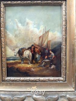 Très joli tableau ancien début 19ème représentant une scène dans un port