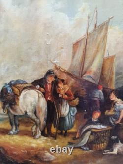 Très joli tableau ancien début 19ème représentant une scène dans un port