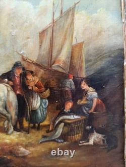 Très joli tableau ancien début 19ème représentant une scène dans un port