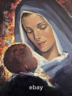 VIERGE à L'Enfant JÉSUS huile sur toile Robert Falcucci tableau ancien XX è