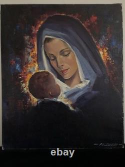 VIERGE à L'Enfant JÉSUS huile sur toile Robert Falcucci tableau ancien XX è