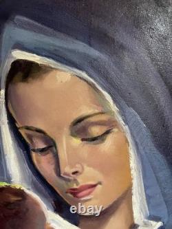 VIERGE à L'Enfant JÉSUS huile sur toile Robert Falcucci tableau ancien XX è
