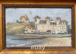 Villa de bord de mer, huile sur papier, tableau ancien, peinture
