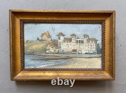 Villa de bord de mer, huile sur papier, tableau ancien, peinture