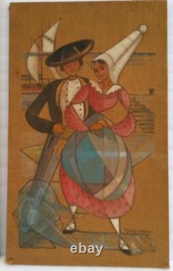 YVONNE BORRY LEHOUX Ancien Tableau Huile Sur Toile port Bretons bretonne cubisme