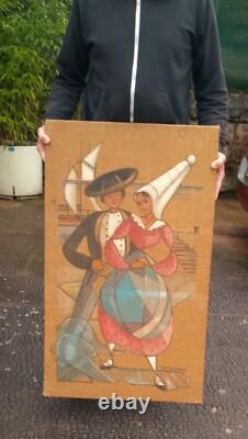 YVONNE BORRY LEHOUX Ancien Tableau Huile Sur Toile port Bretons bretonne cubisme