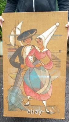 YVONNE BORRY LEHOUX Ancien Tableau Huile Sur Toile port Bretons bretonne cubisme