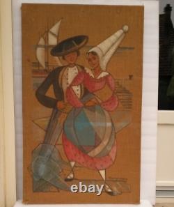 YVONNE BORRY LEHOUX Ancien Tableau Huile Sur Toile port Bretons bretonne cubisme
