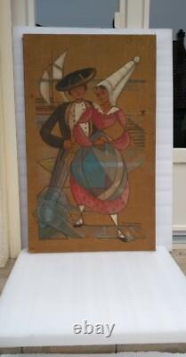 YVONNE BORRY LEHOUX Ancien Tableau Huile Sur Toile port Bretons bretonne cubisme
